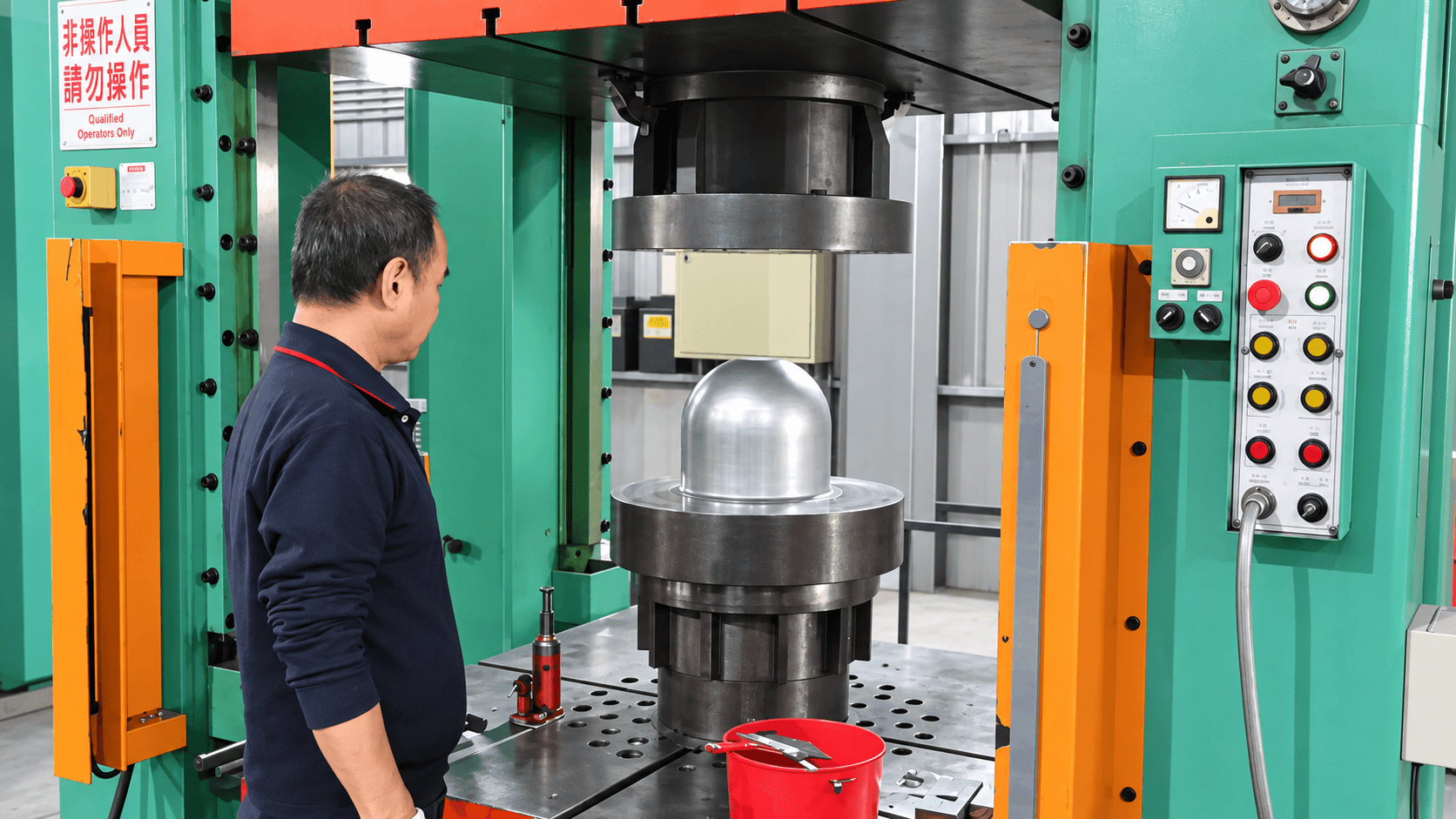 VICSTARS operator beside a hydraulic press forming a stainless steel container