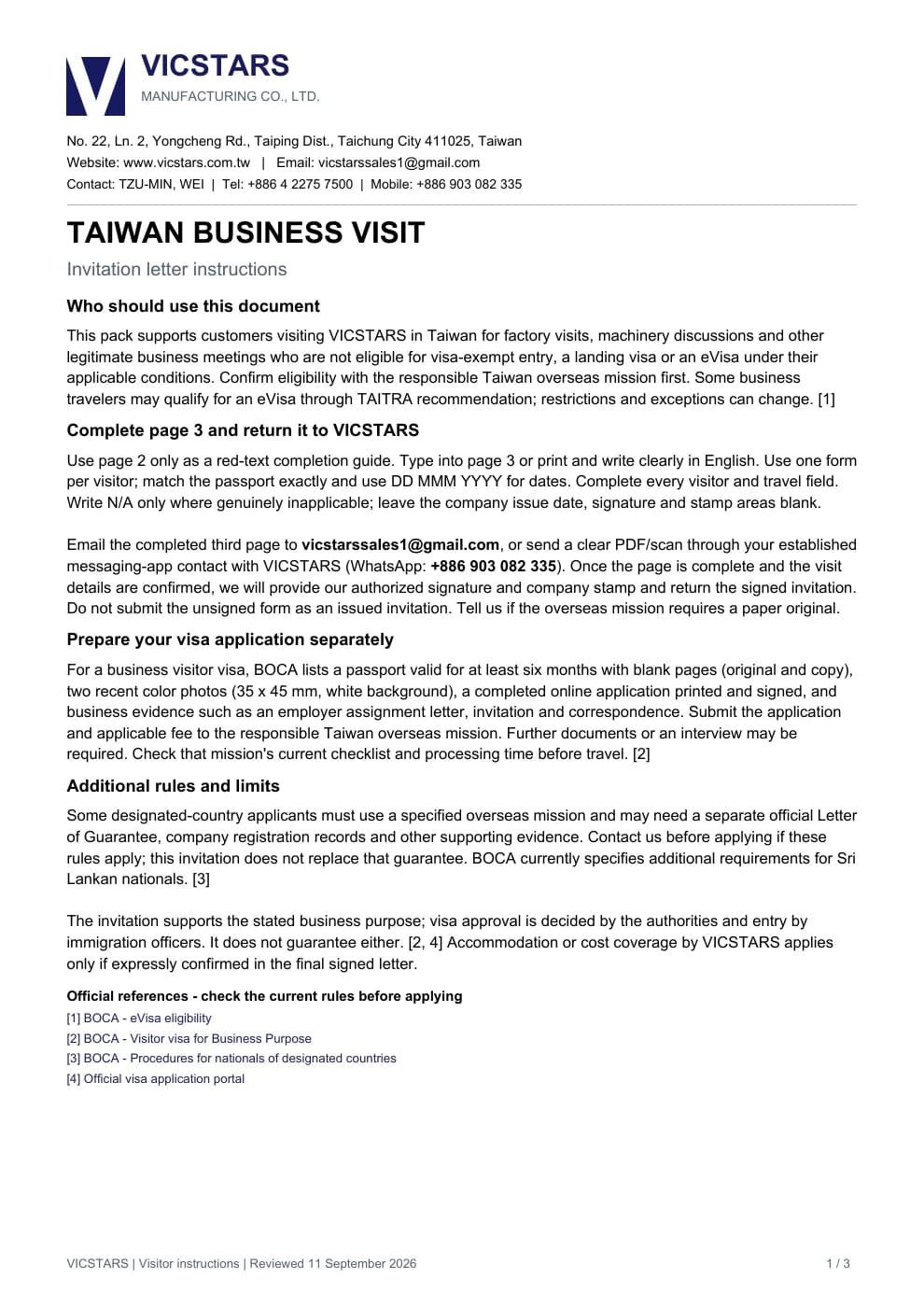 First page of the VICSTARS Taiwan business visit invitation letter with application instructions